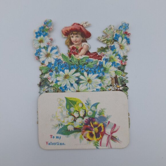 Vintage Pop Up Valentines Day Card Girl Flowers Puppy Decor Folding Standing - Picture 3 of 6